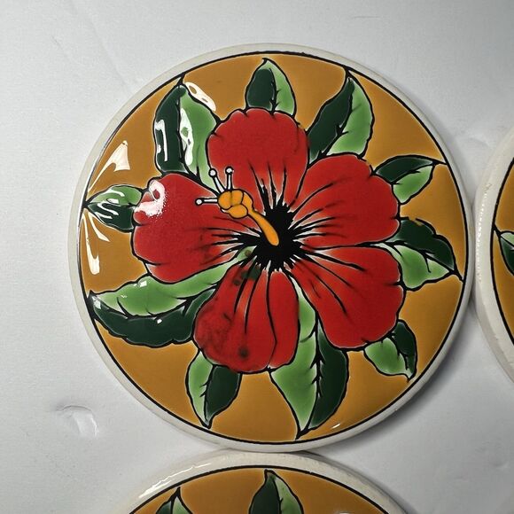 Tropical Flower Coasters, Hibiscus Coasters, Ceramic Coasters Colorful Floral - Picture 4 of 7